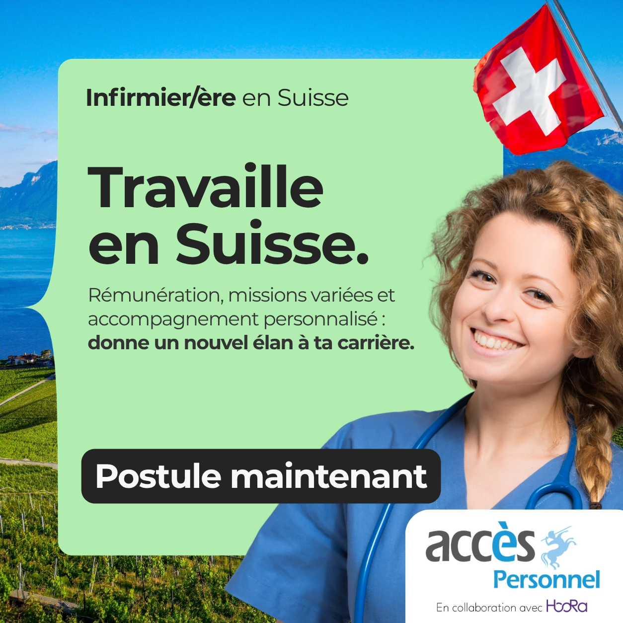 Accès Personnel work-in-Switzerland visual with mountains in the background