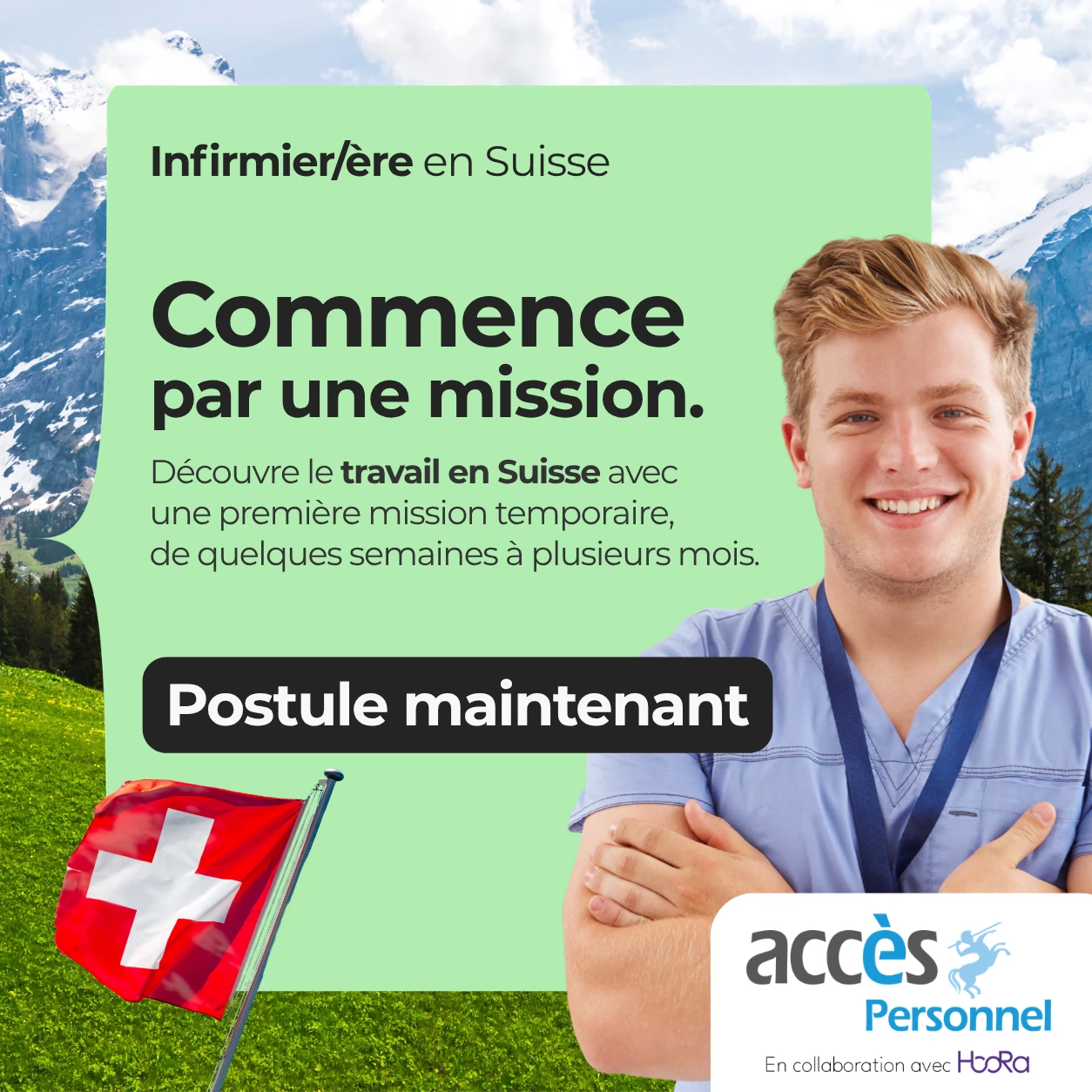 Accès Personnel visual inviting nurses to experience working in Switzerland through an initial assignment