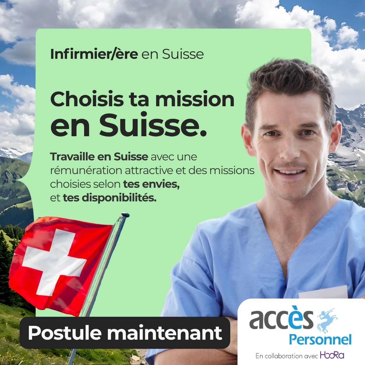 Accès Personnel visual showing a nurse and inviting candidates to choose an assignment in Switzerland