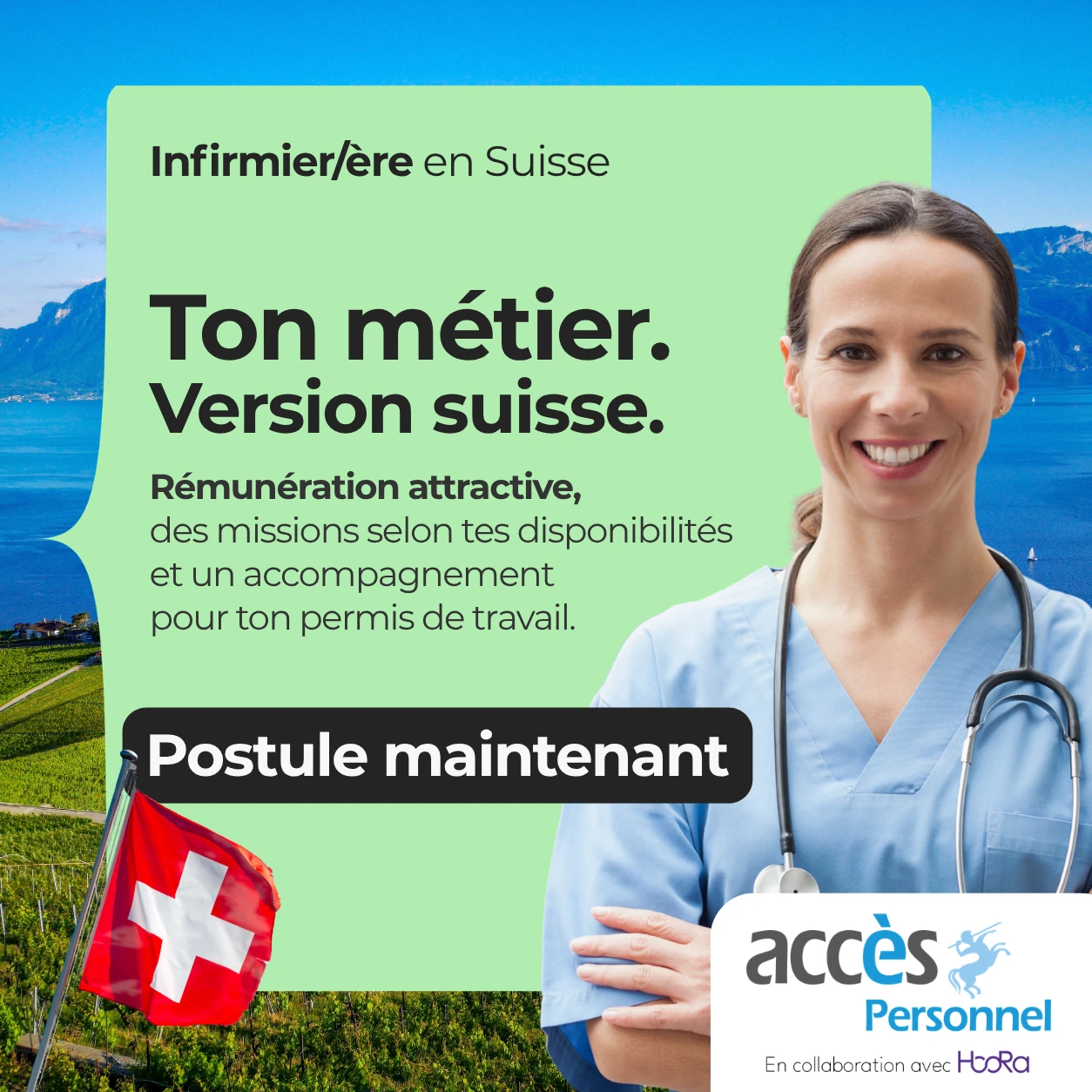 Accès Personnel visual showing a nurse and promoting nursing work in Switzerland
