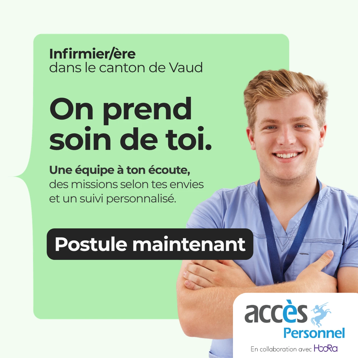 Accès Personnel visual about support, showing a healthcare professional