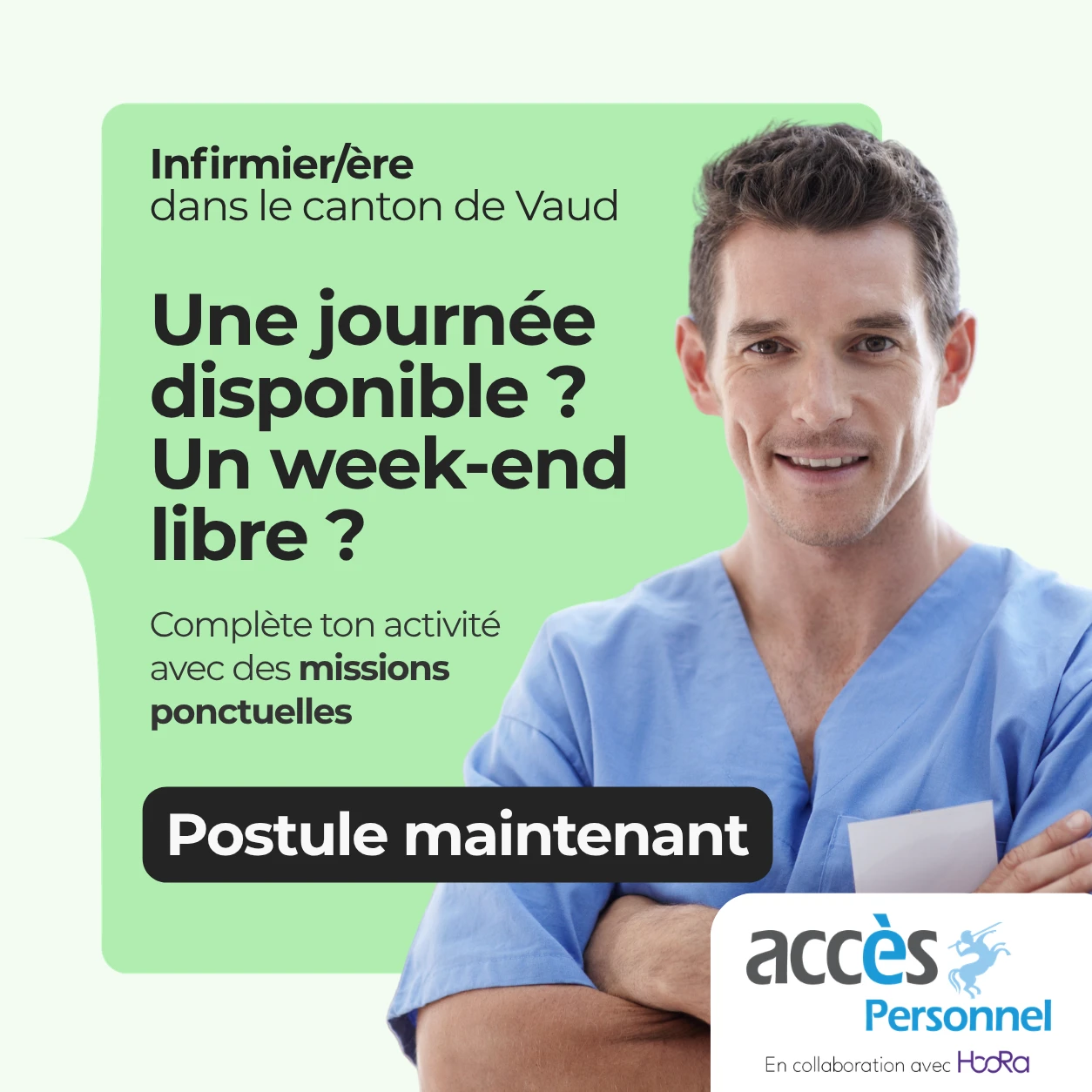 Accès Personnel visual offering one-day or weekend nursing assignments
