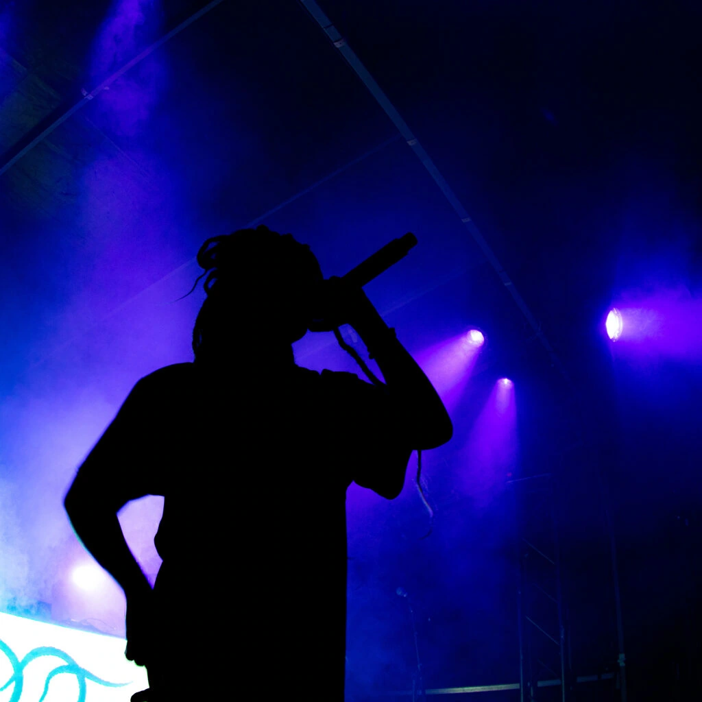 Silhouette of a performer with a microphone in blue stage light
