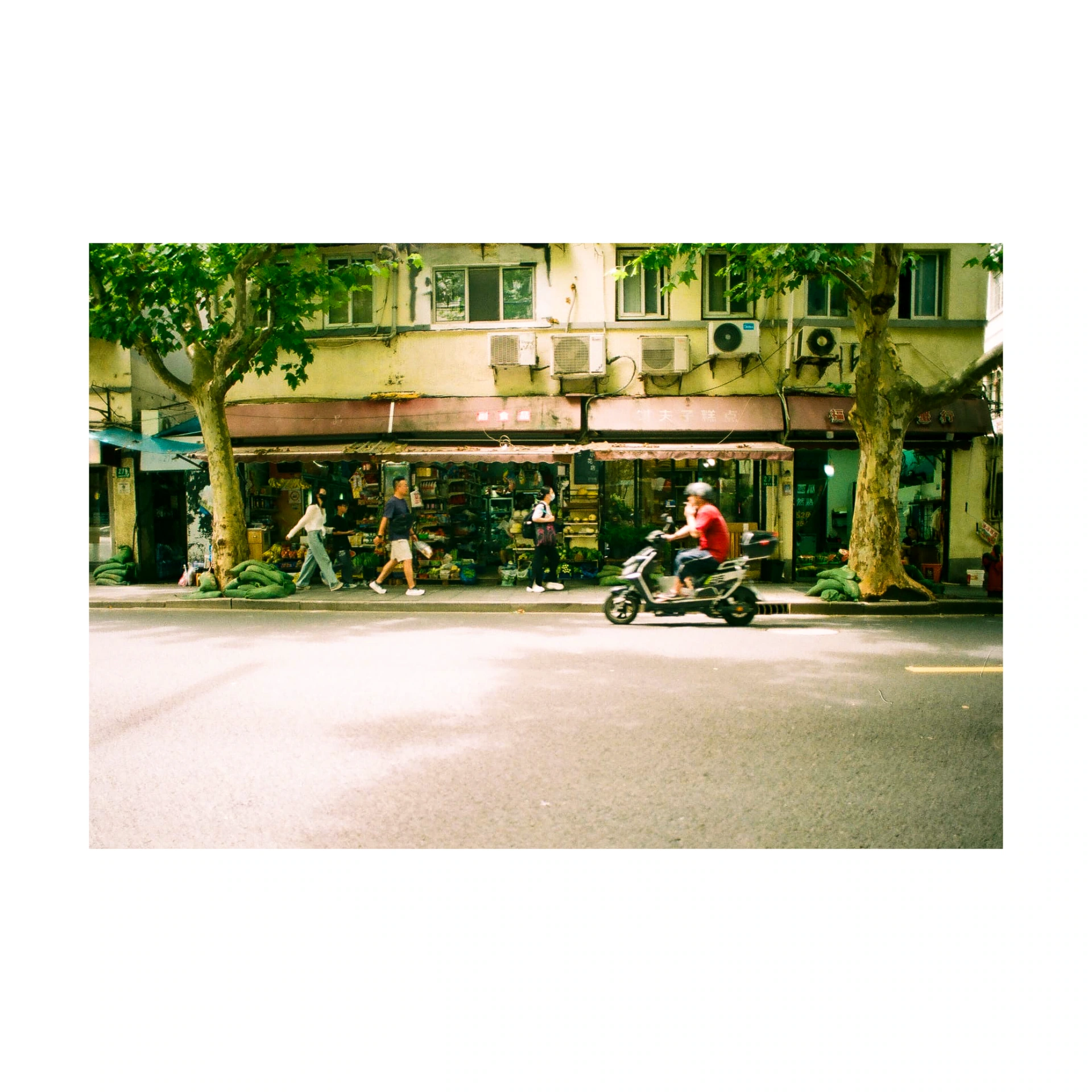 Scooter in front of shops shaded by trees