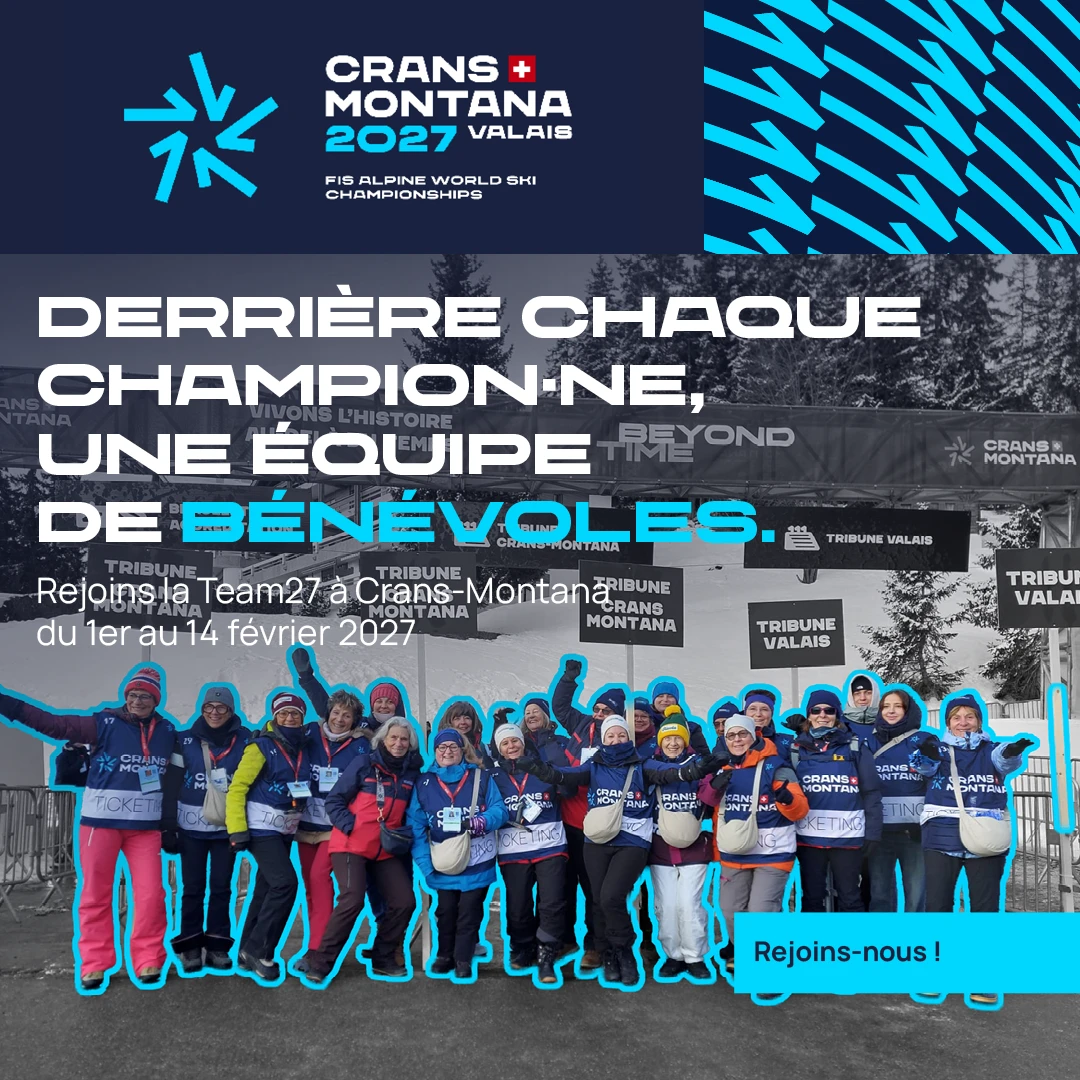 Visuel Team27 avec une équipe de bénévoles et l’accroche « Derrière chaque champion·ne, une équipe de bénévoles »