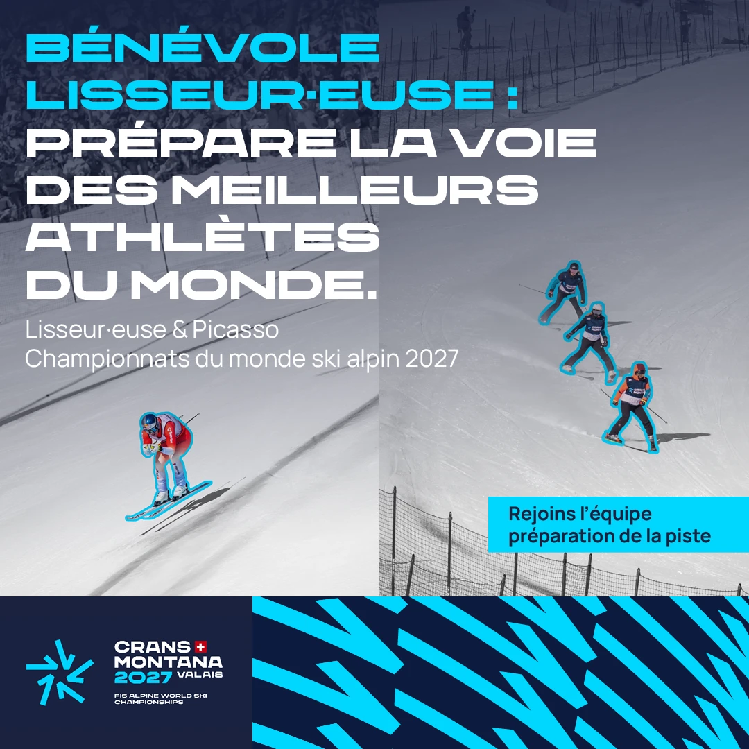 Visuel de recrutement de lisseurs montrant une équipe à skis sur la piste