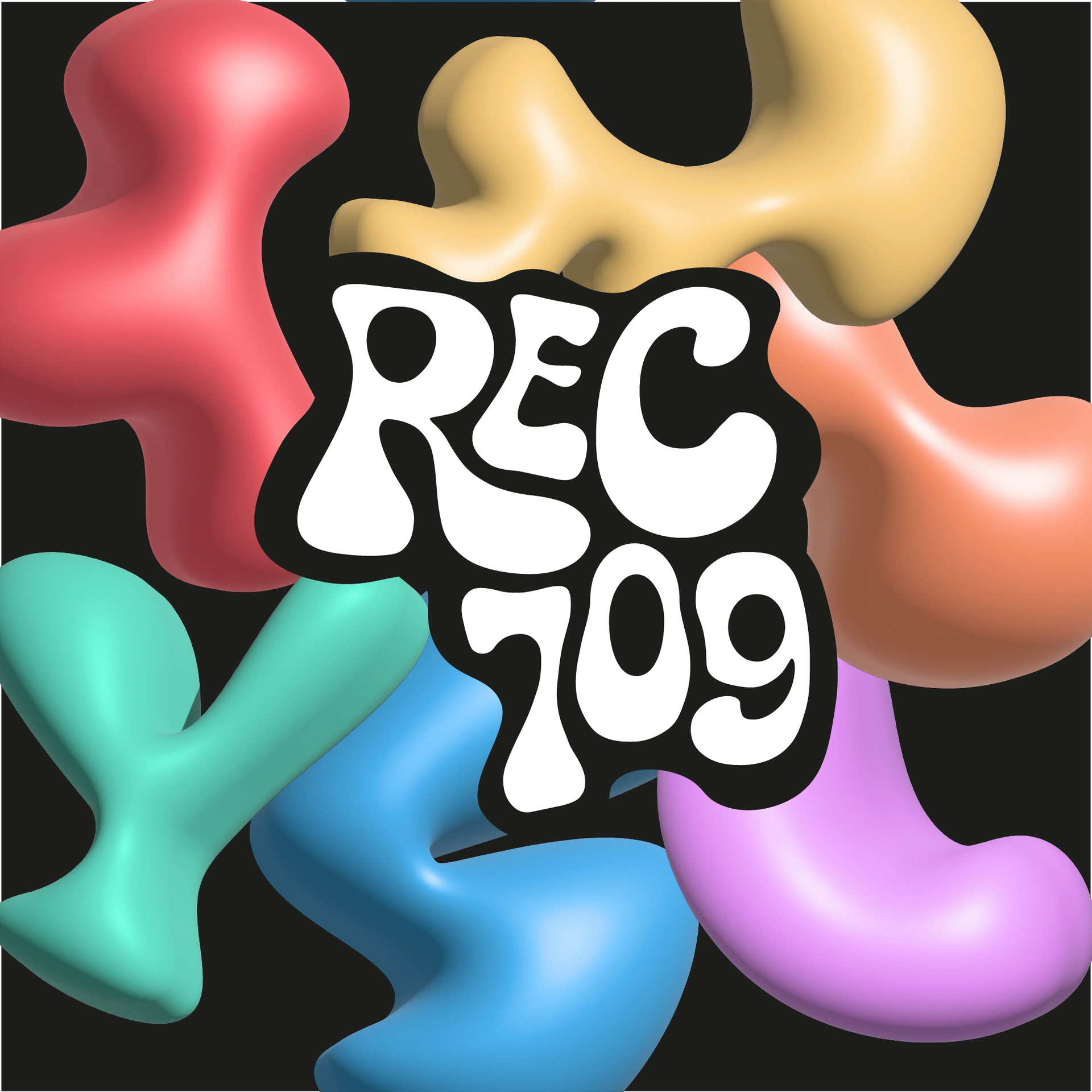 White REC709 logo surrounded by colourful three-dimensional shapes