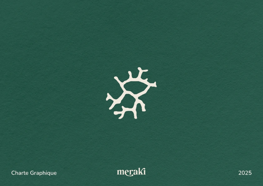 Green Meraki brand guidelines cover, with its symbol and wordmark