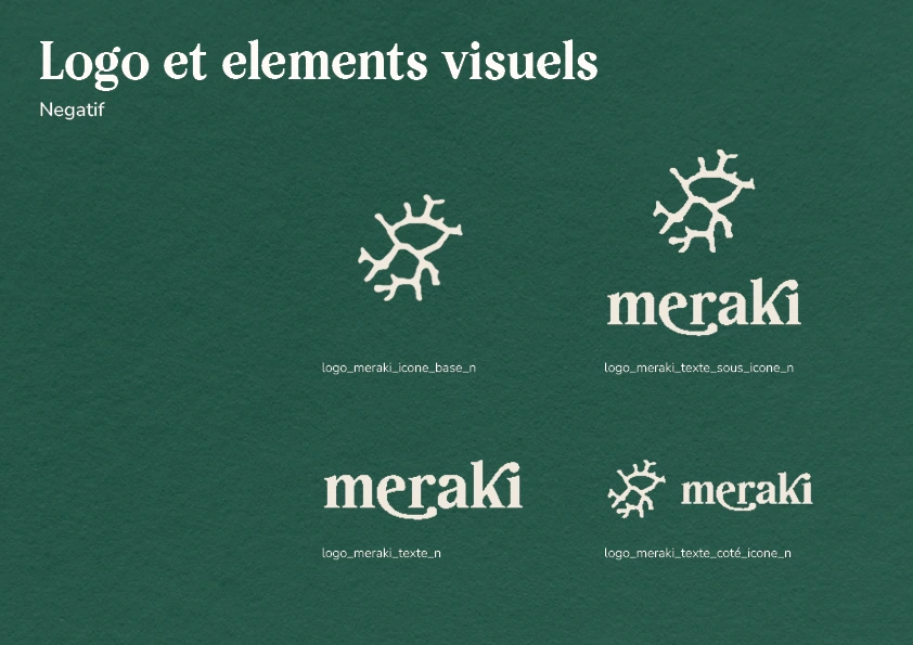 Déclinaisons du symbole et du logo Meraki en beige sur fond vert texturé