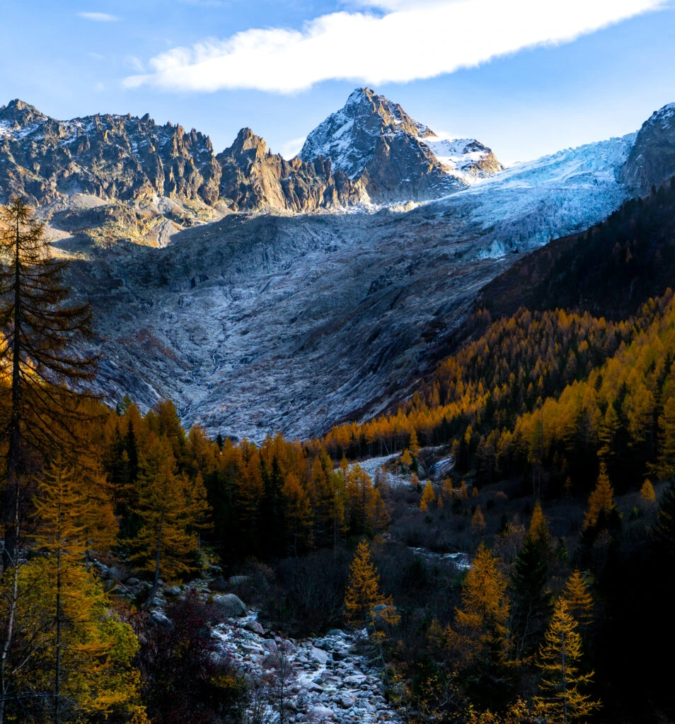 A glacier surrounded by mountains and golden larches