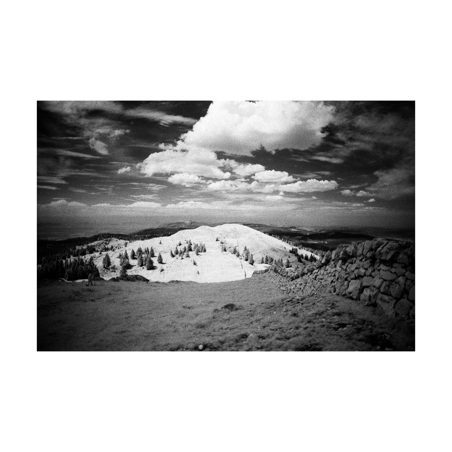 Ridge and pale vegetation beneath clouds in an infrared photograph