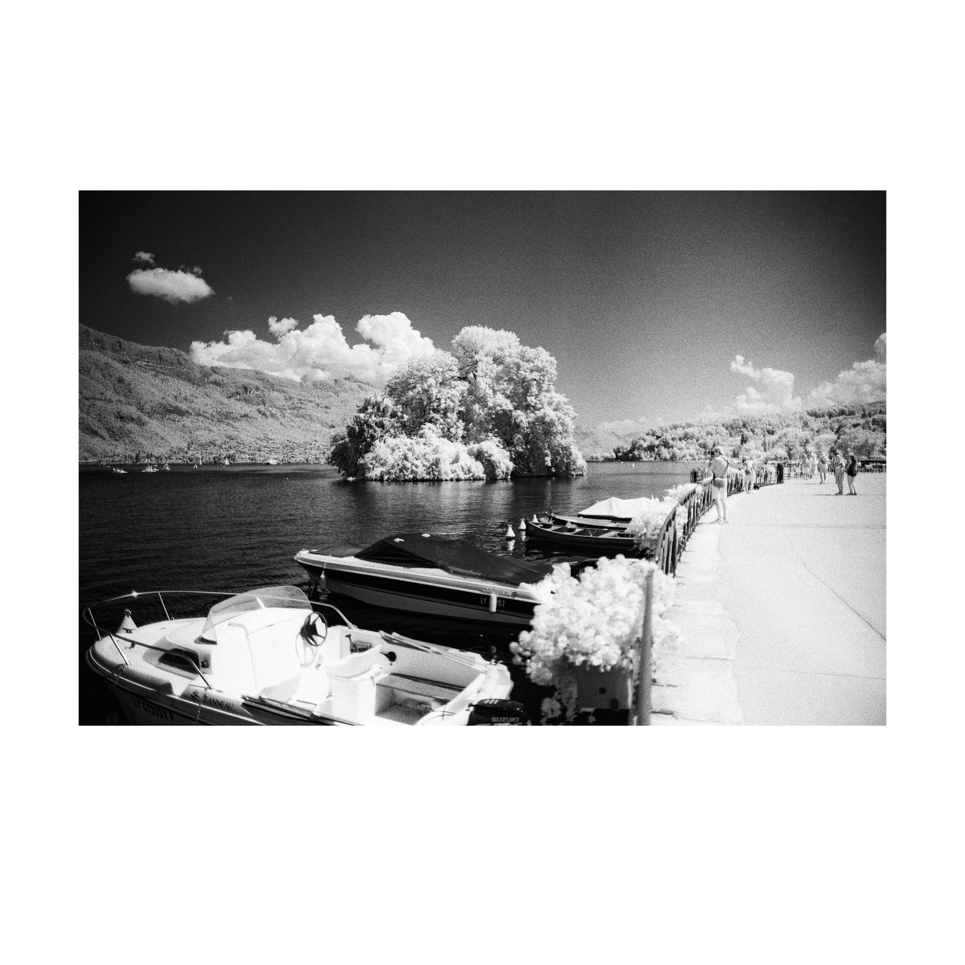 Boats beside a lake and pale trees in an infrared photograph
