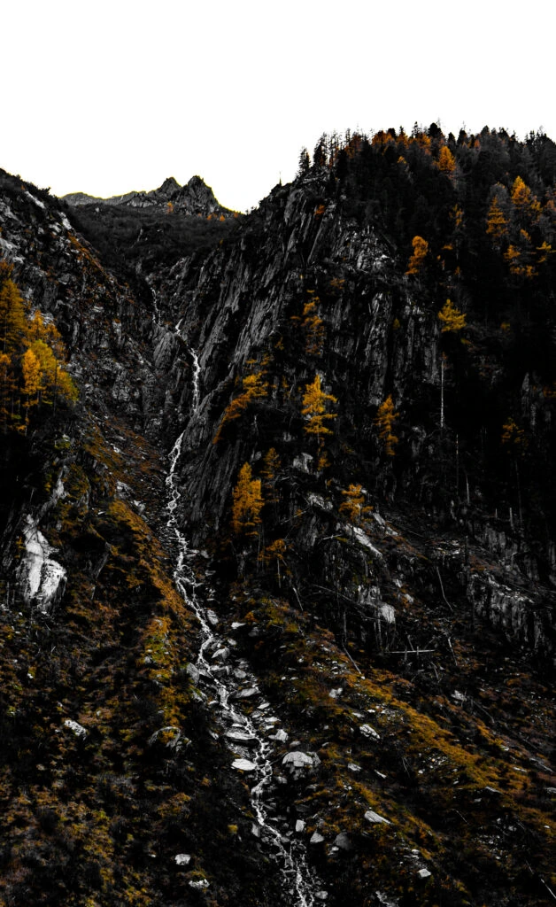 A rocky peak and trees in autumn colours