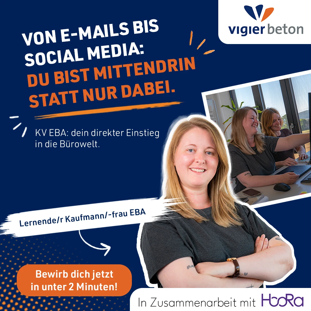 Visuel Vigier Beton en allemand présentant les tâches d’un apprentissage commercial