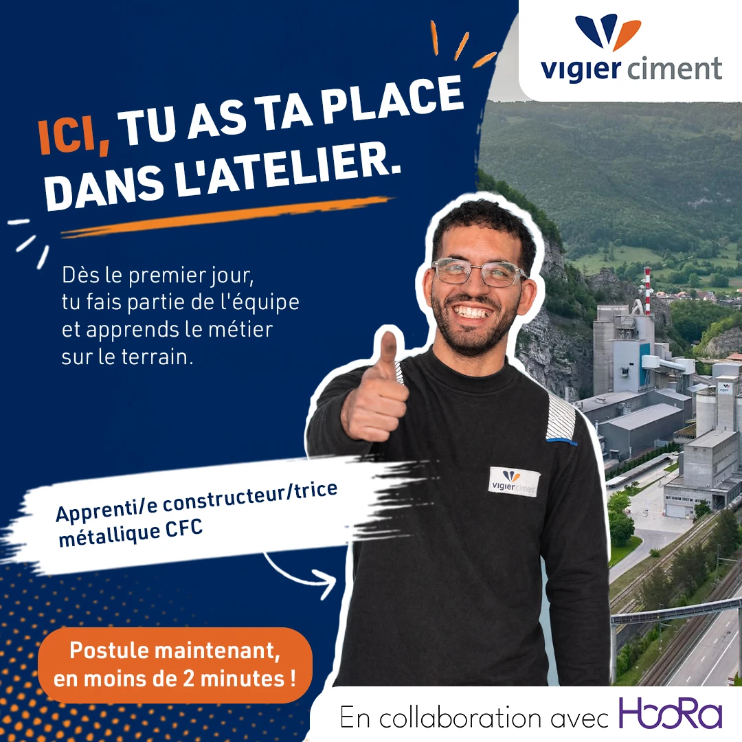 Visuel Vigier Ciment en français avec un collaborateur et l’accroche « Ici, tu as ta place à l’atelier »