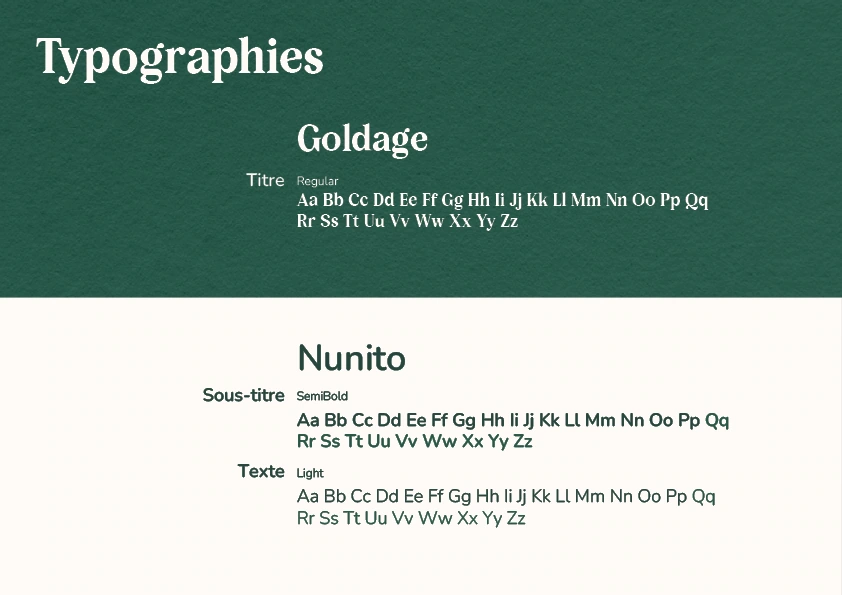 Typographies Goldage et Nunito dans la charte Meraki