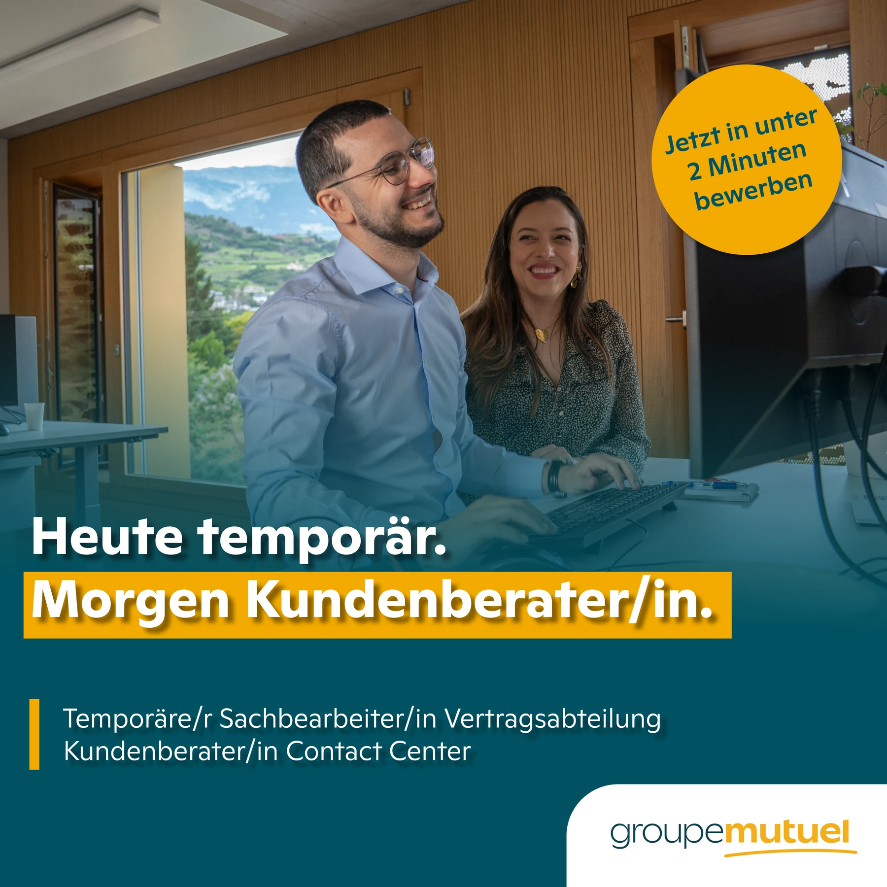 Visuel Groupe Mutuel présentant deux collaborateurs et une perspective en conseil clientèle
